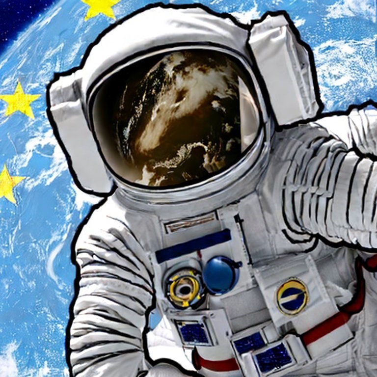 EMZ im Weltraum Das Bild wurde mit dem KI-Bildgenerator StabilityAI erstellt. Prompt: »Generate a picture of an astronaut in outer space doing research and aveing a space station in the background with the european flag«