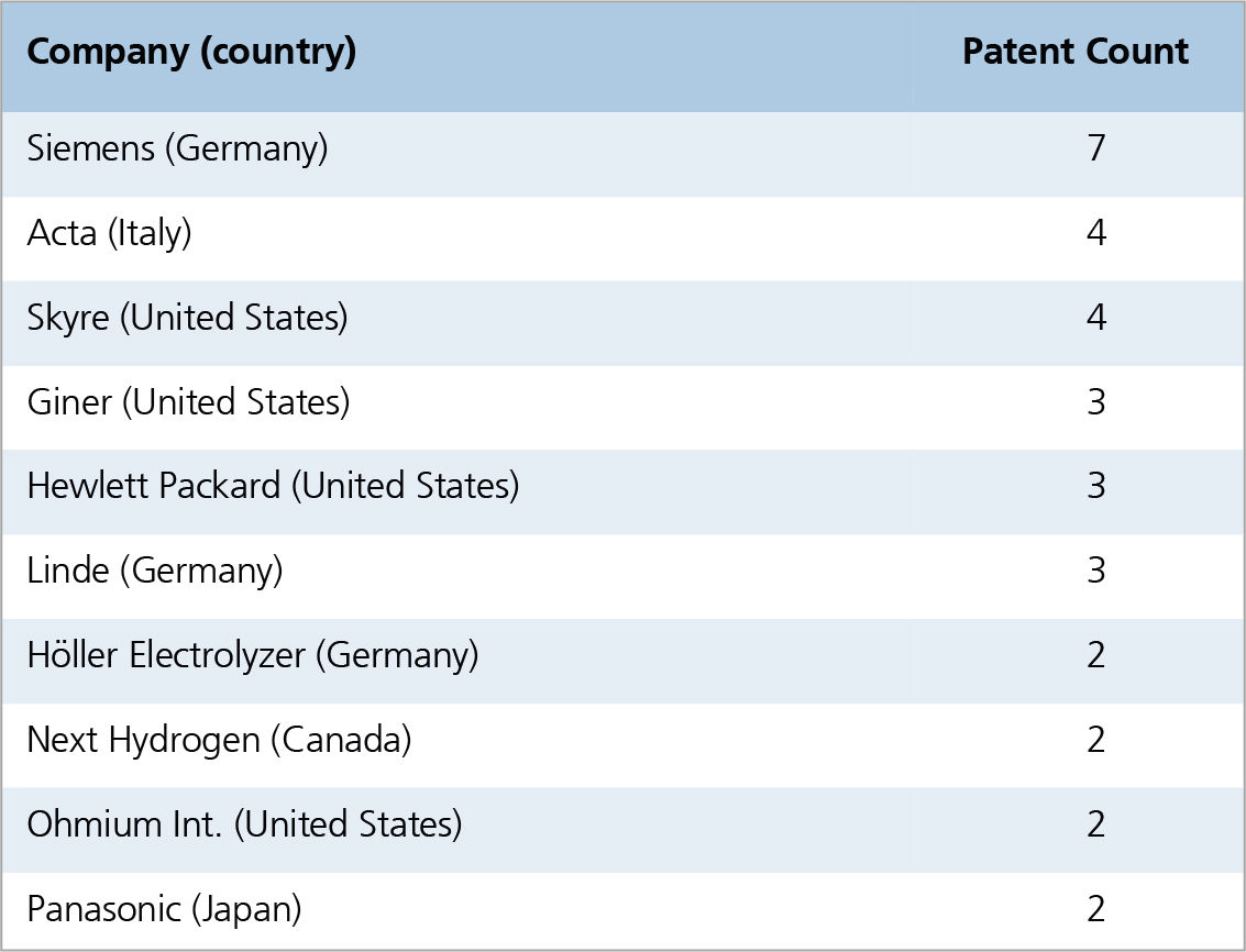 Table 1: Top industrial applicants for membrane-based electrolysis patents (two or more patents).